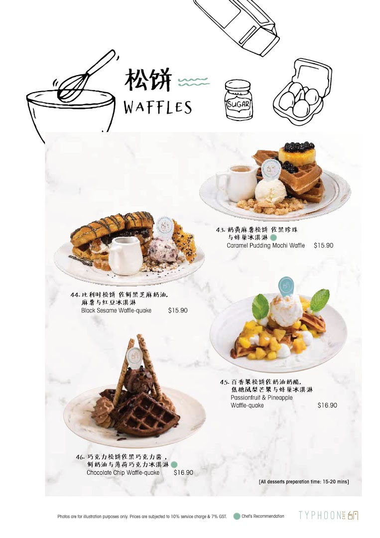 A menu page showcasing various waffle desserts with images, descriptions, and prices from Typhoon Cafe.