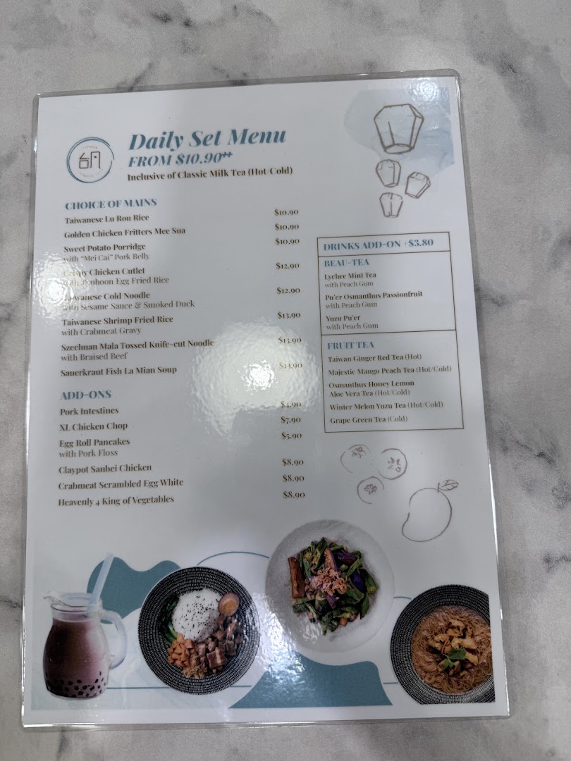 A detailed menu displaying daily set meals, add-ons, and drink options with prices.