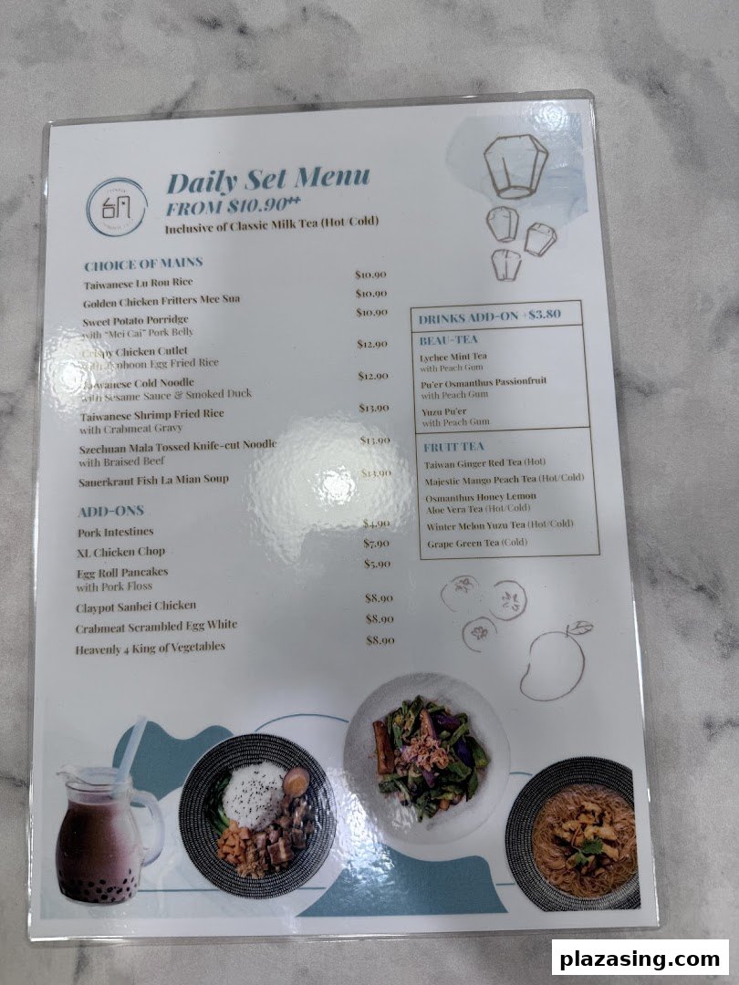 A detailed menu displaying daily set meals, add-ons, and drink options with prices.