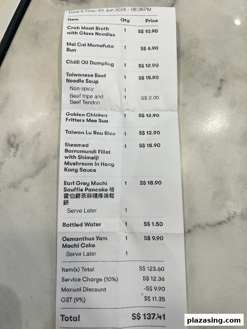 A detailed receipt from Typhoon Cafe showing various Taiwanese and Asian dishes with prices.