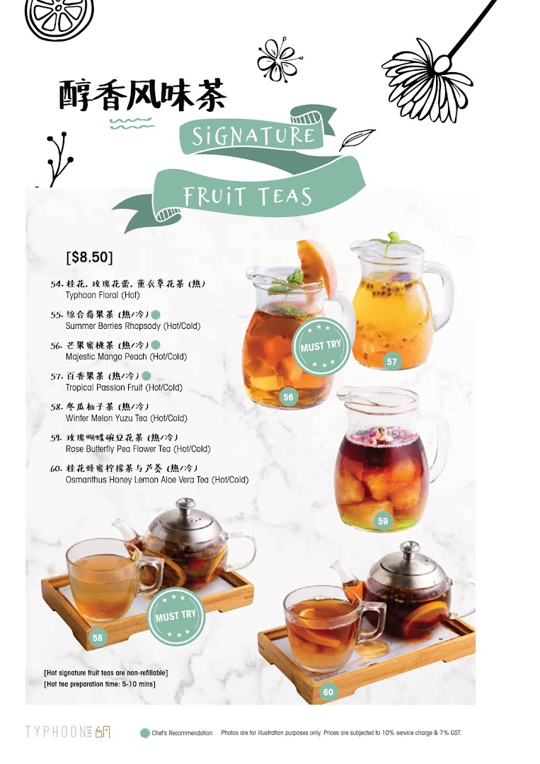 A menu page showcasing Typhoon Cafe's signature fruit teas with prices and descriptions.
