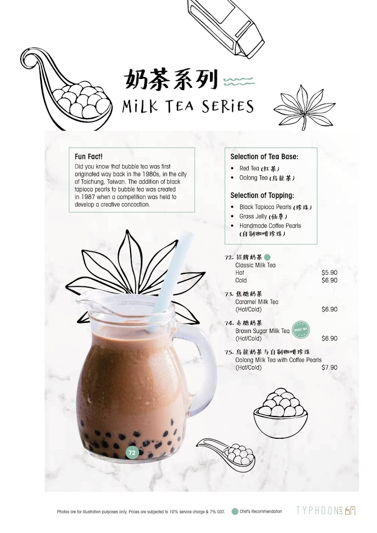 A menu page showcasing Typhoon Cafe's Milk Tea Series with prices and options.