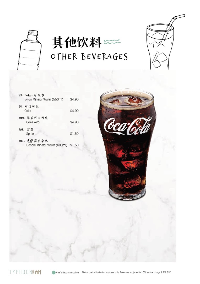 A menu page displaying various beverage options and prices, featuring a large image of Coca-Cola.