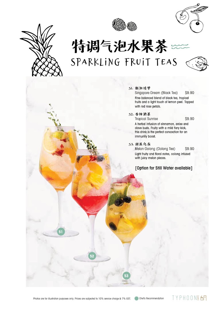 A menu page showcasing three vibrant sparkling fruit teas with detailed descriptions and prices.