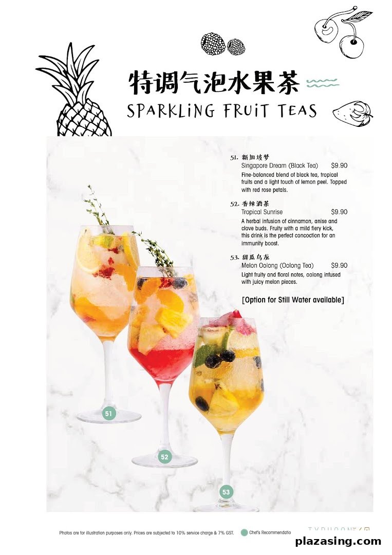 A menu page showcasing three vibrant sparkling fruit teas with detailed descriptions and prices.
