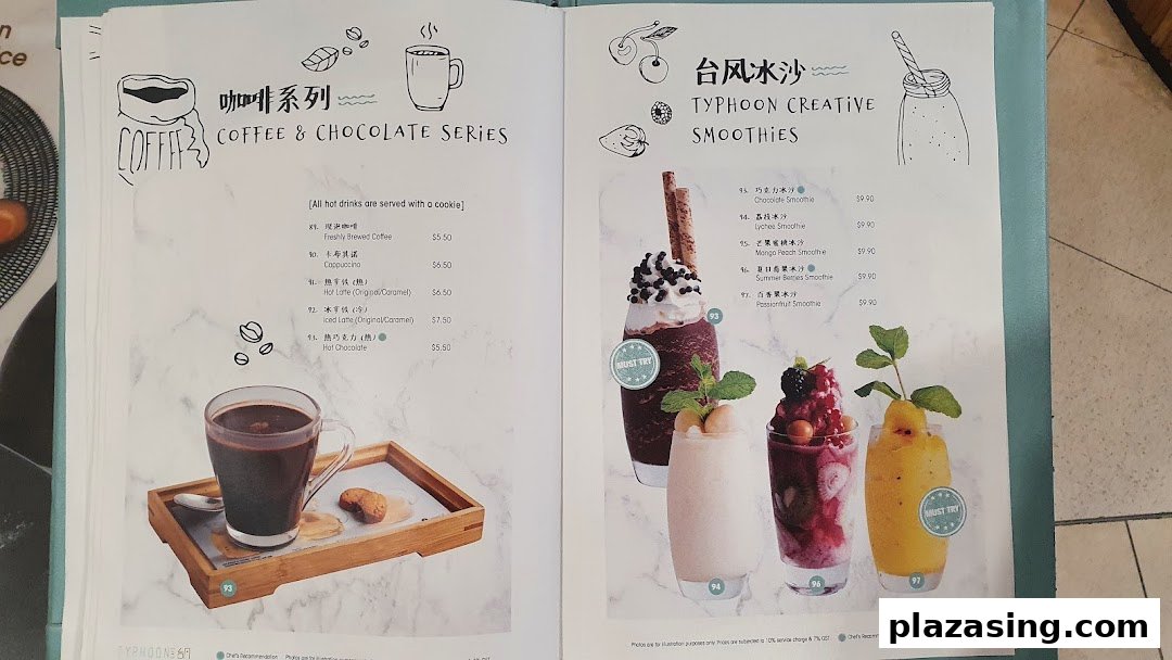 A two-page menu displaying coffee, chocolate drinks, and creative smoothies with prices.