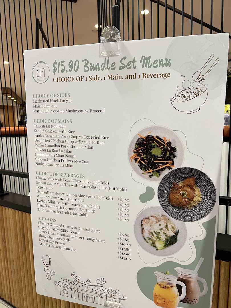 A detailed menu board for Typhoon Cafe Plaza Singapura, featuring bundle sets, sides, mains, beverages, and add-ons.
