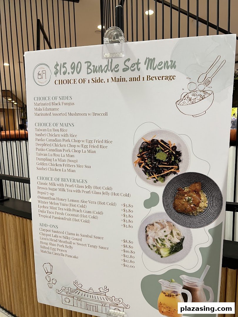A detailed menu board for Typhoon Cafe Plaza Singapura, featuring bundle sets, sides, mains, beverages, and add-ons.