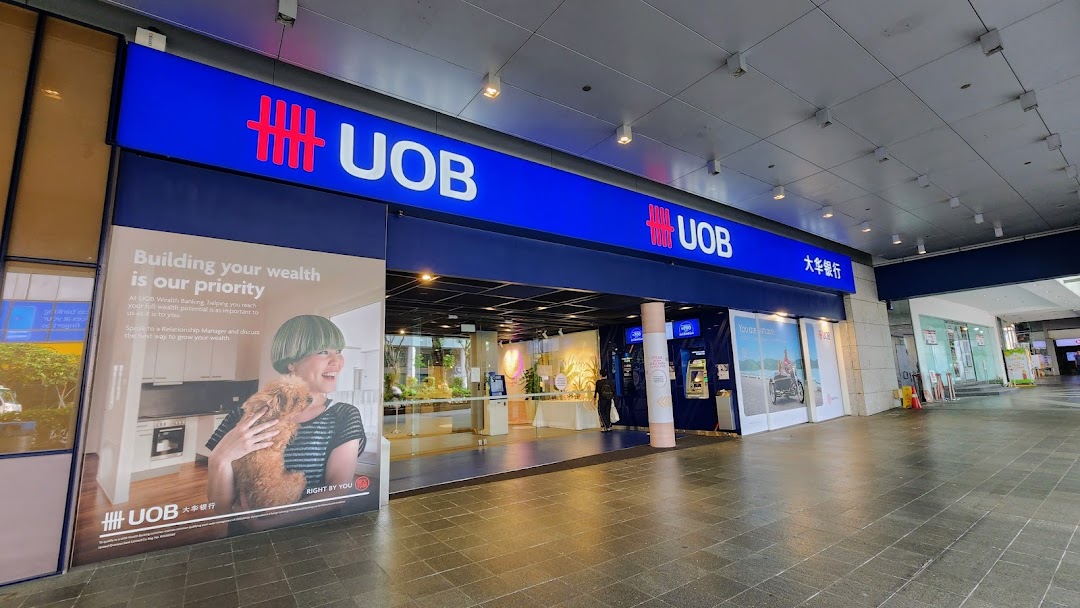 The exterior of the UOB bank branch with prominent blue signage and entrance.