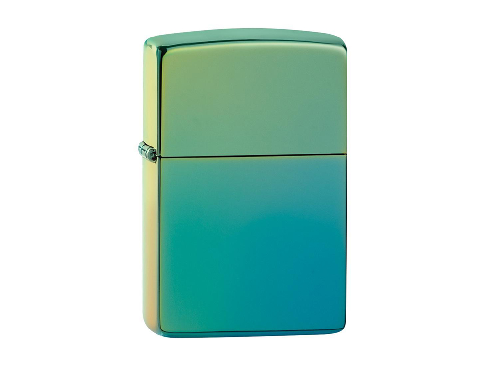 A vibrant, iridescent lighter with a gradient of green to blue, isolated on a white background.