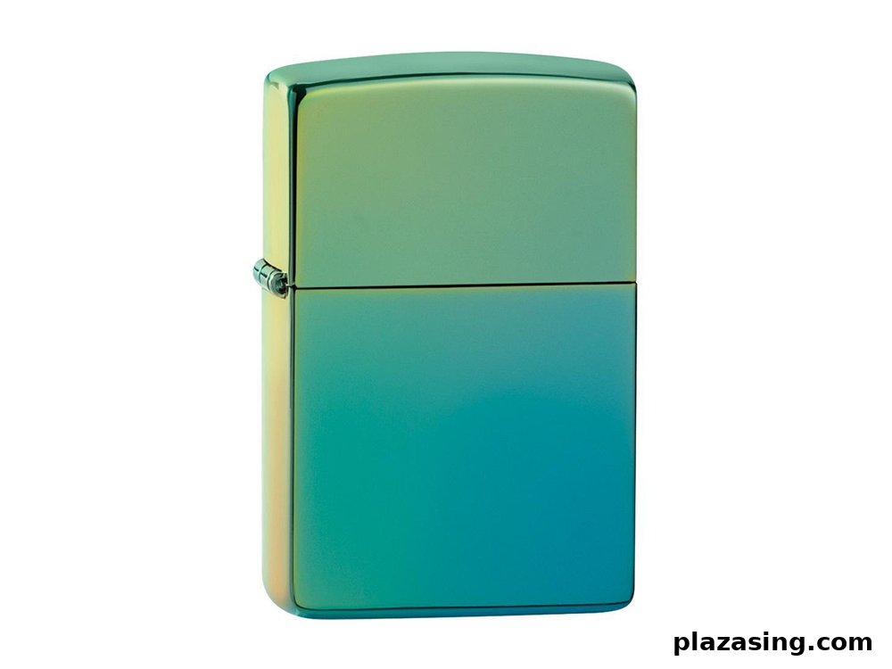 A vibrant, iridescent lighter with a gradient of green to blue, isolated on a white background.