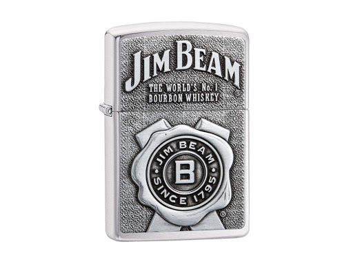 A silver Zippo lighter featuring embossed Jim Beam branding and logo.
