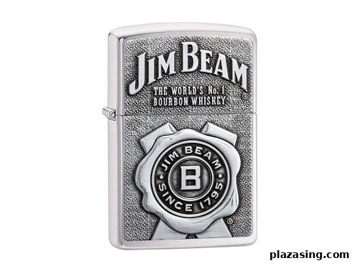 A silver Zippo lighter featuring embossed Jim Beam branding and logo.