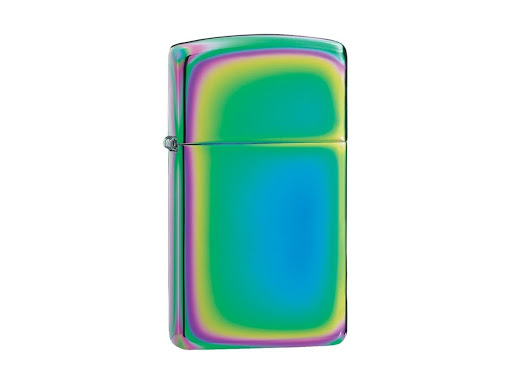 A vibrant, iridescent lighter with a rainbow-like finish, isolated on a white background.