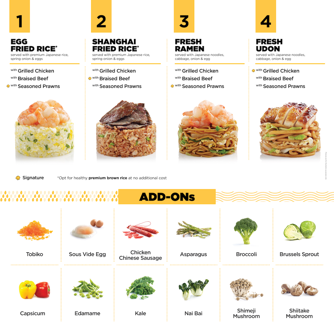 A menu displaying various fried rice and noodle dishes with protein options, and a selection of add-ons.