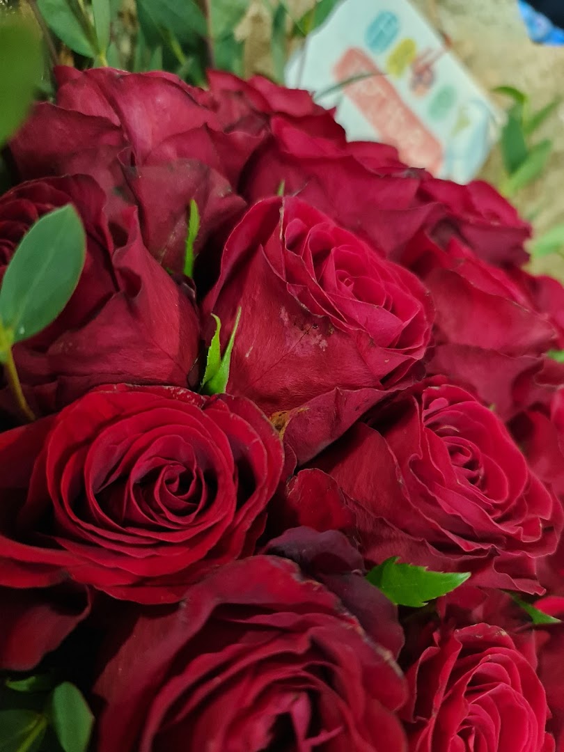 A vibrant close-up of a bouquet of deep red roses with green foliage and a subtle gift tag.