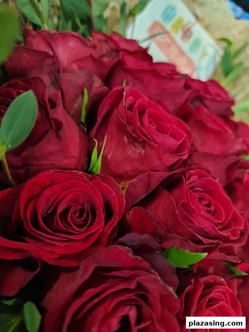 A vibrant close-up of a bouquet of deep red roses with green foliage and a subtle gift tag.
