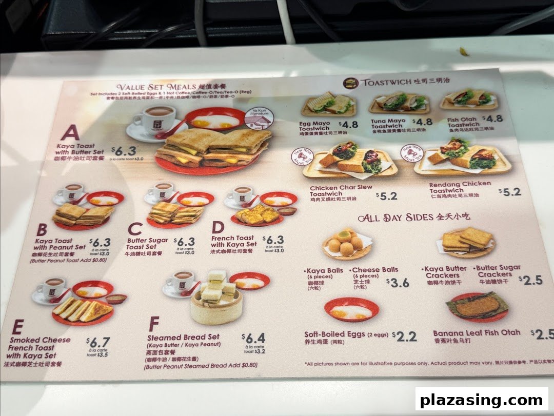 A detailed menu board from Ya Kun Kaya Toast featuring various toast sets, toastwiches, and side dishes.