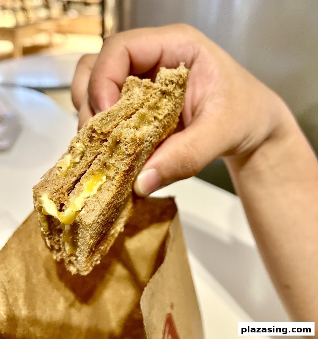 A hand holds a piece of toasted kaya toast with butter, emerging from a brown paper bag.