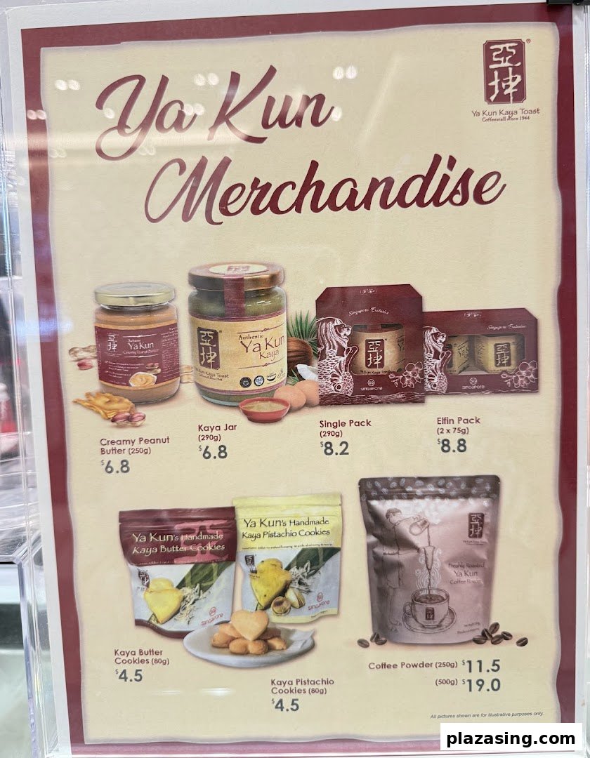 A display board showcasing Ya Kun Kaya Toast's merchandise, including spreads, cookies, and coffee powder, with prices.