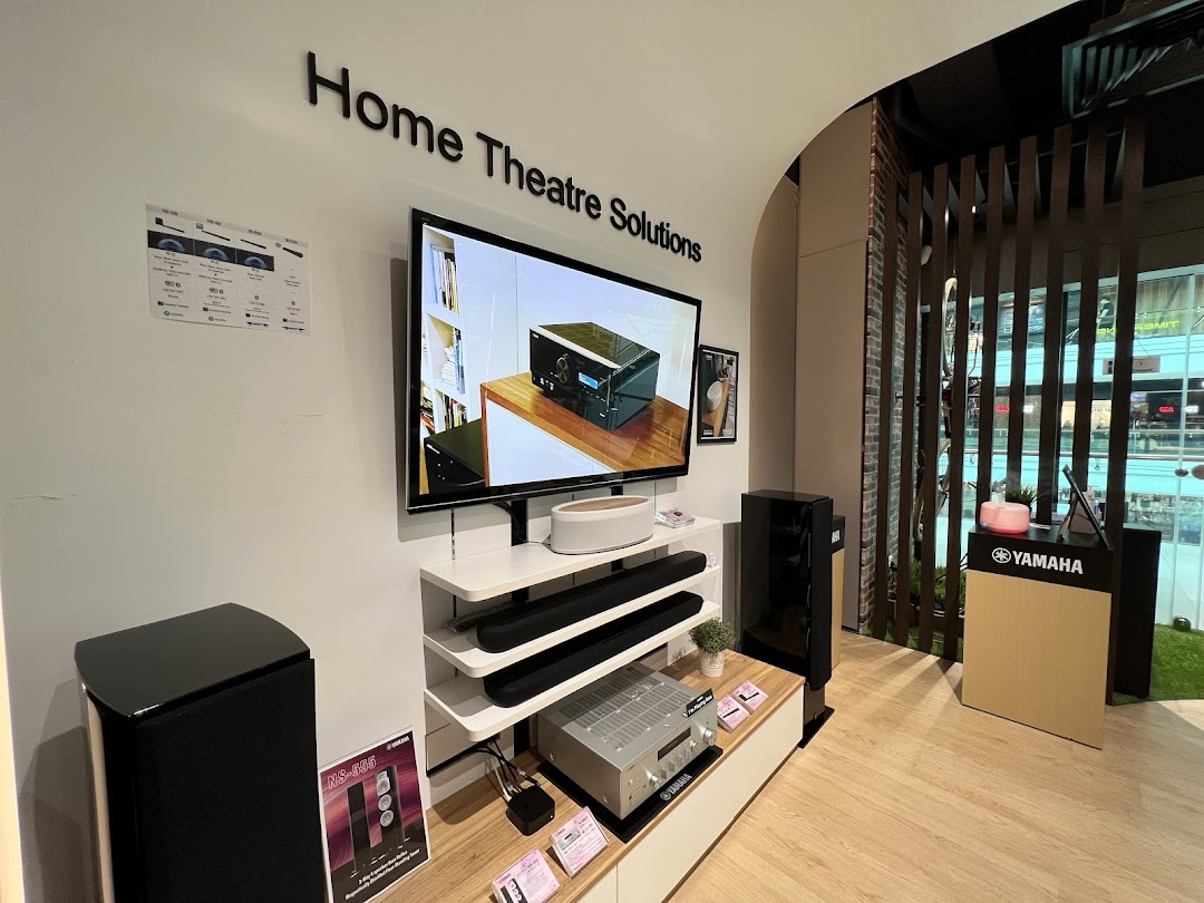 An interior view of the Yamaha AV Experience Studio showcasing home theatre solutions and audio equipment.