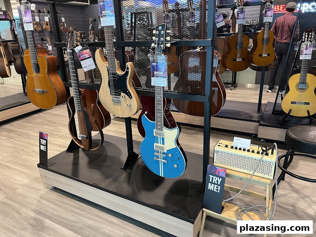 A vibrant display of acoustic and electric guitars, showcasing Yamaha's musical instrument collection in-store.