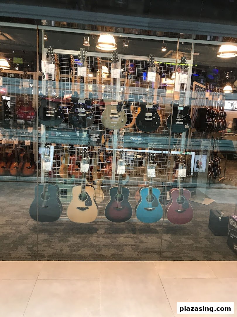 A vibrant display of acoustic and electric guitars showcased through the glass front of a music store.