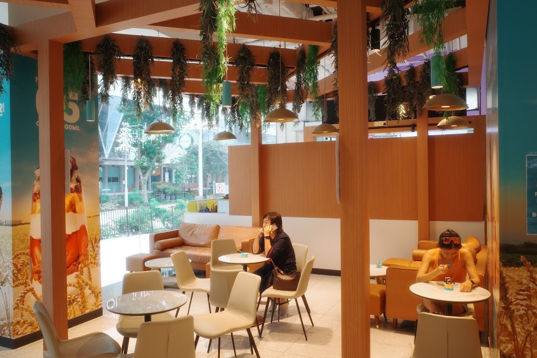 Interior view of Yolé Plaza Singapura, featuring customers enjoying frozen yogurt in a bright, modern setting.