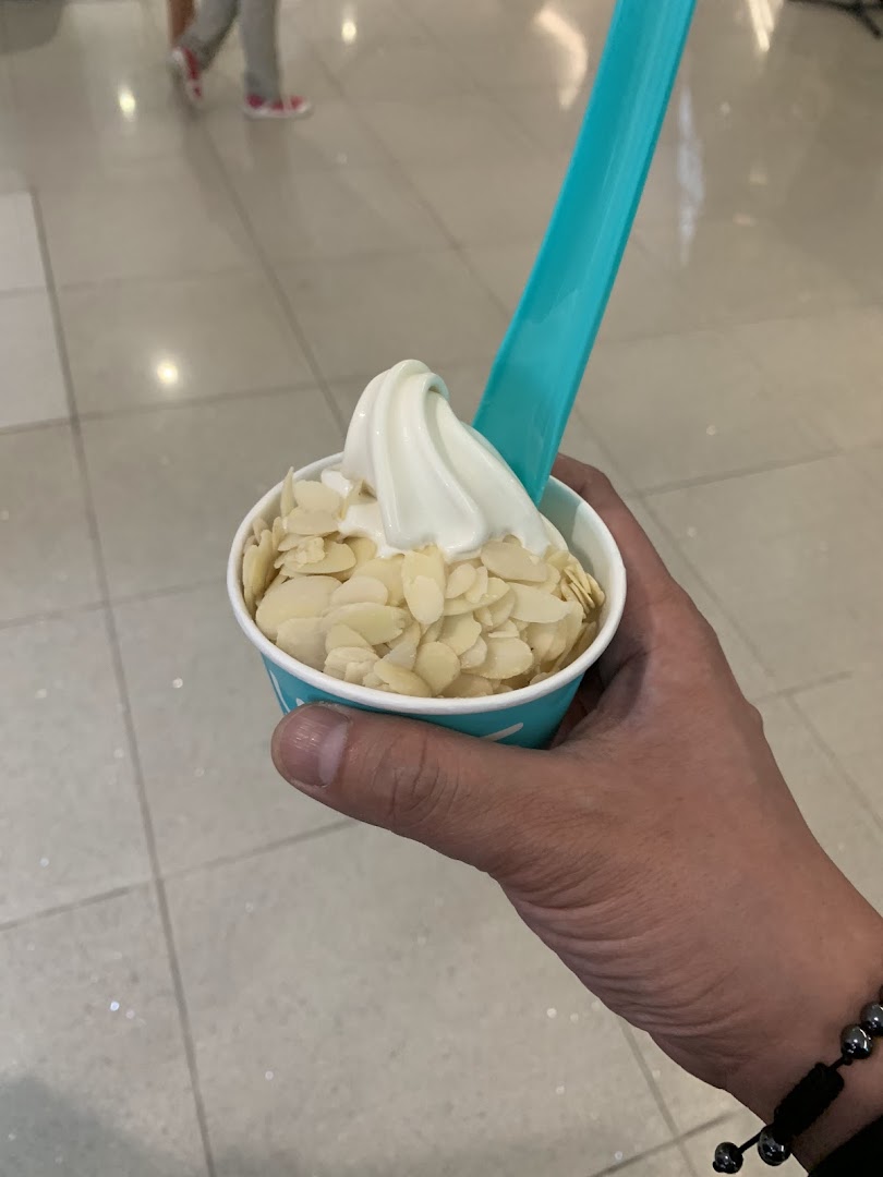 A hand holds a cup of Yolé frozen yogurt topped with almond flakes and a blue spoon.