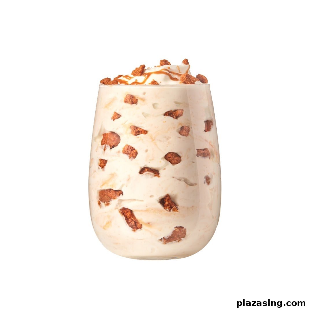 A creamy dessert in a glass, topped with caramel drizzle and crunchy biscuit pieces.