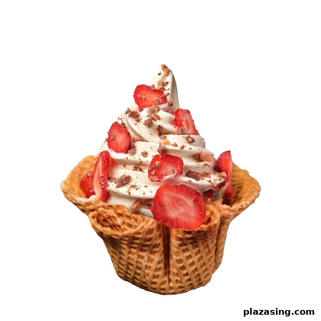 A delicious frozen yogurt with fresh strawberries and chocolate toppings in a crispy waffle bowl.
