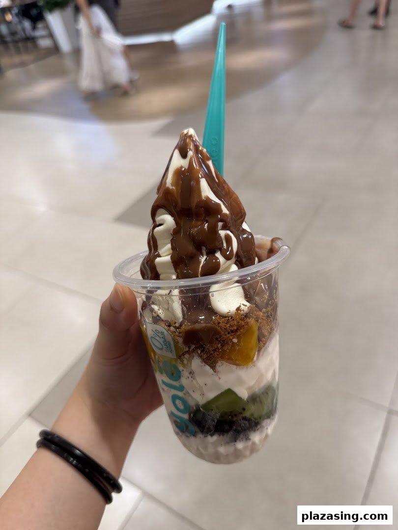 A hand holds a delicious Yolé frozen yogurt cup with chocolate sauce, fruit, and cookie toppings.