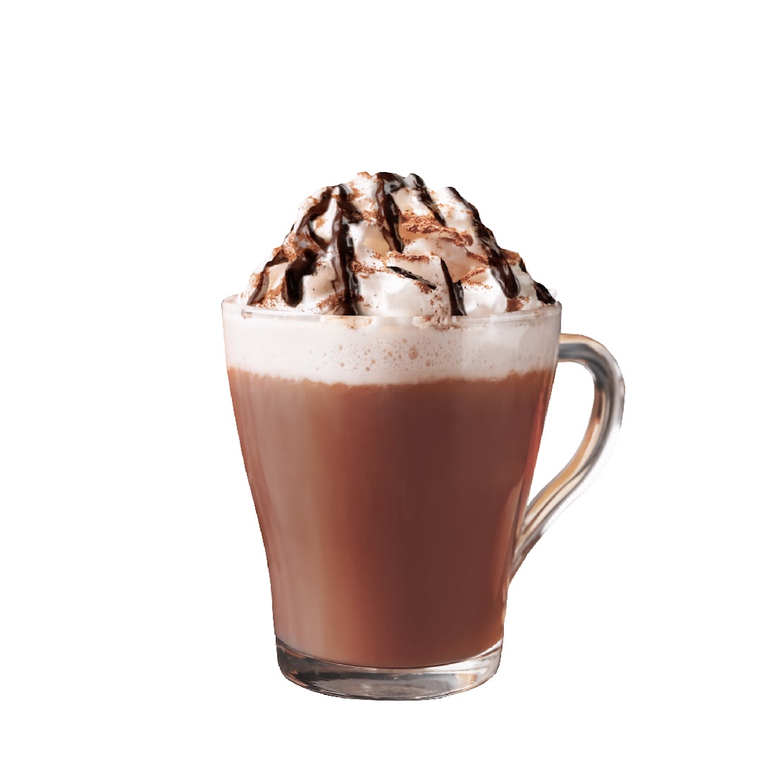 A delicious hot chocolate topped with whipped cream, chocolate drizzle, and cocoa powder.