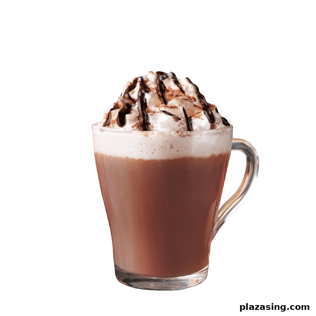 A delicious hot chocolate topped with whipped cream, chocolate drizzle, and cocoa powder.
