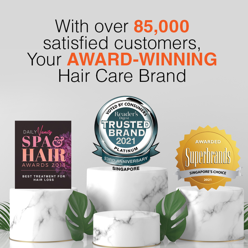 Image showcasing a hair care brand's awards and customer satisfaction with text and logos.