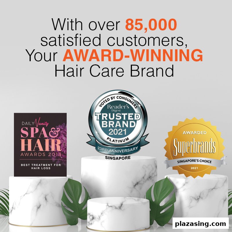 Image showcasing a hair care brand's awards and customer satisfaction with text and logos.
