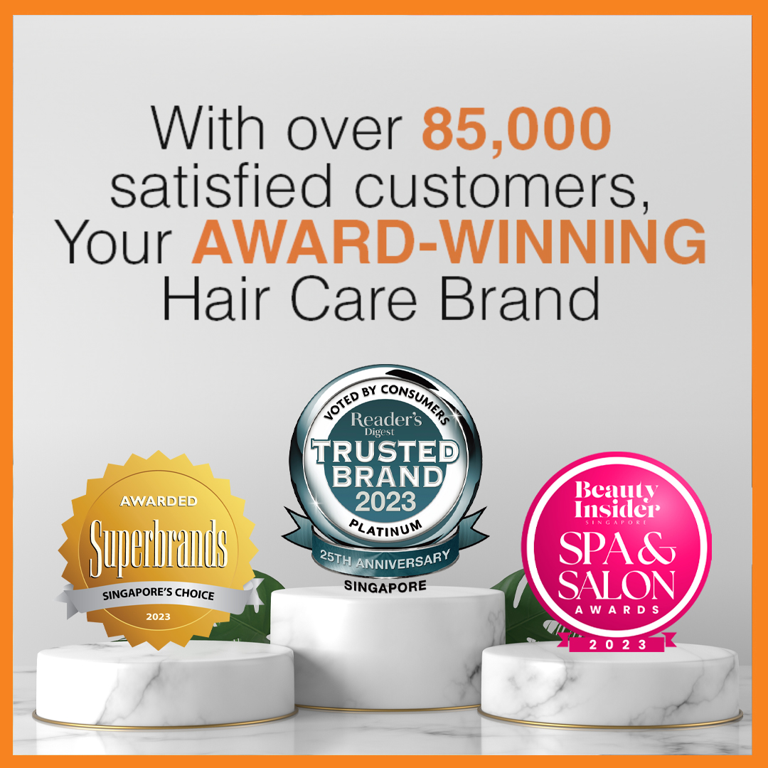 Image showcasing Yun Nam Hair Care's multiple awards and over 85,000 satisfied customers.