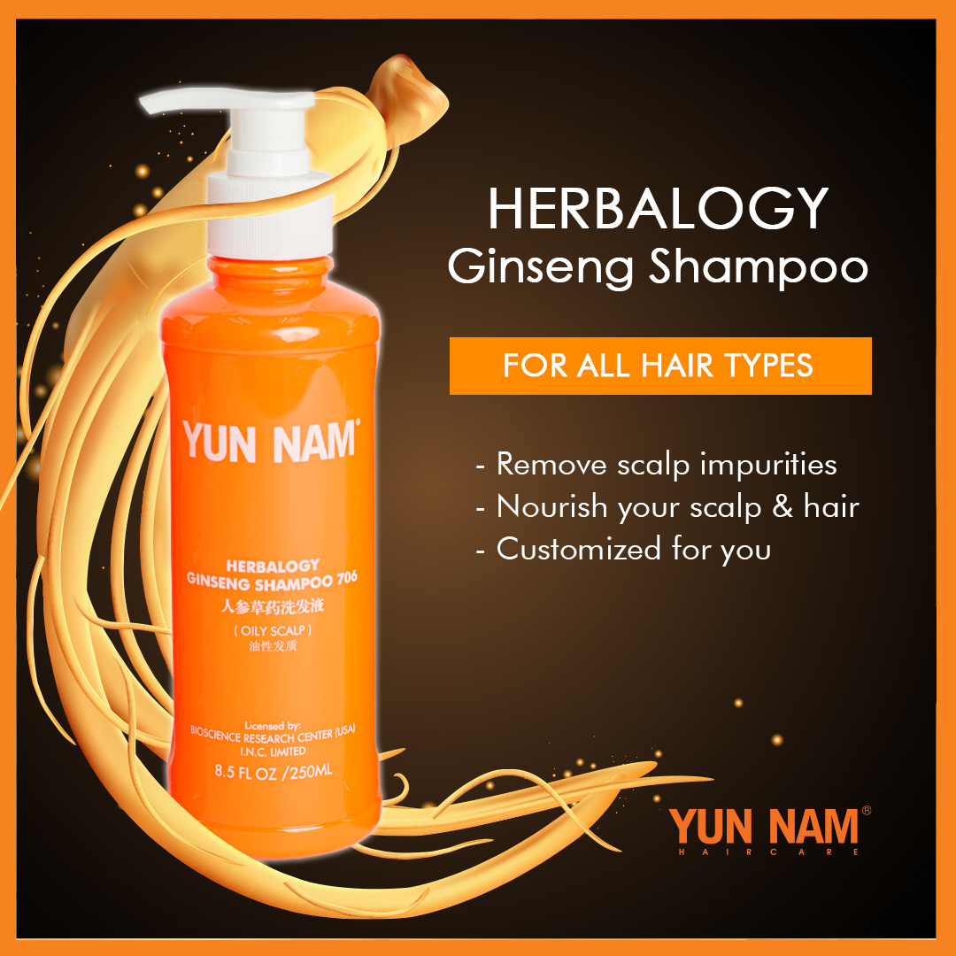 An orange bottle of Yun Nam Herbalogy Ginseng Shampoo for oily scalp, highlighting its benefits.
