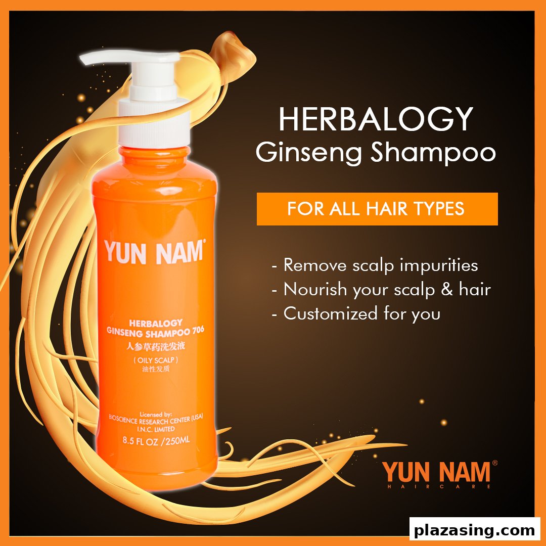 An orange bottle of Yun Nam Herbalogy Ginseng Shampoo for oily scalp, highlighting its benefits.
