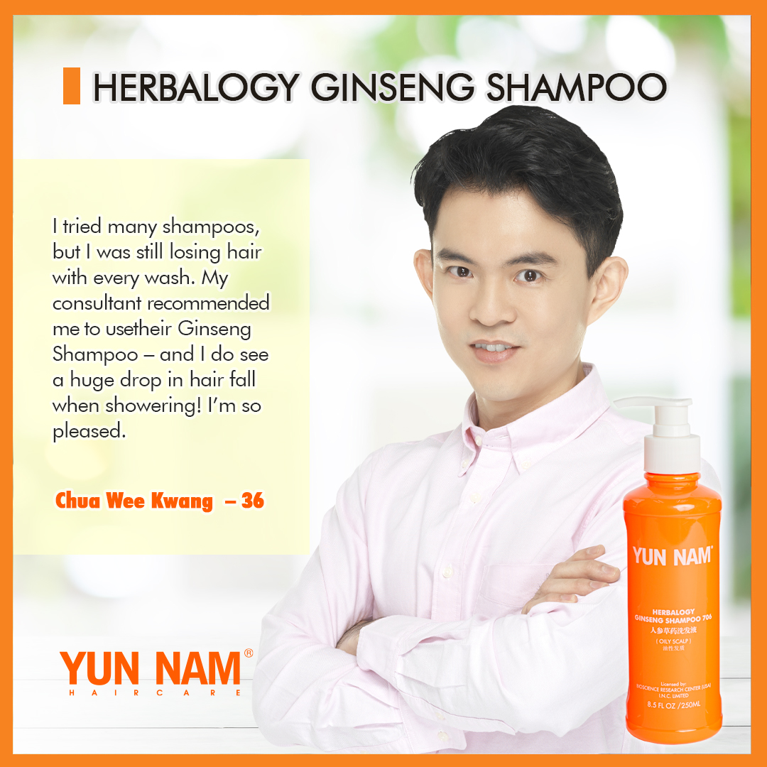A man with a testimonial for Yun Nam Hair Care's Herbalogy Ginseng Shampoo, highlighting hair fall reduction.