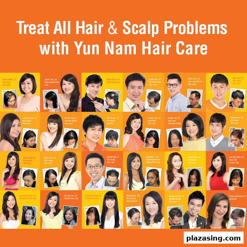 A collage of before-and-after photos showcasing successful hair and scalp treatments from Yun Nam Hair Care.