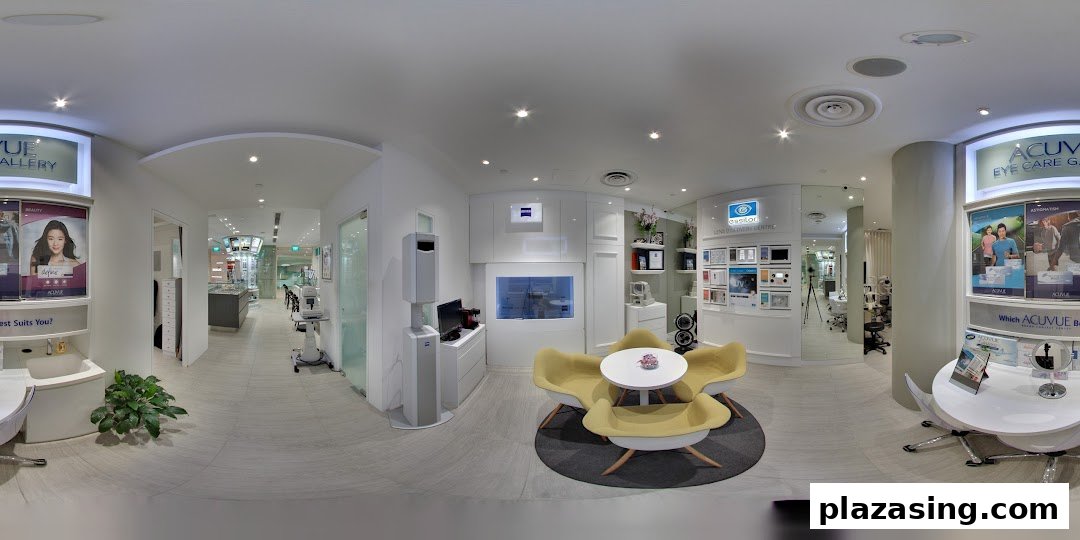 A panoramic view of the modern and well-lit interior of ZEISS VISION CENTER, featuring seating, displays, and eye care equipment.