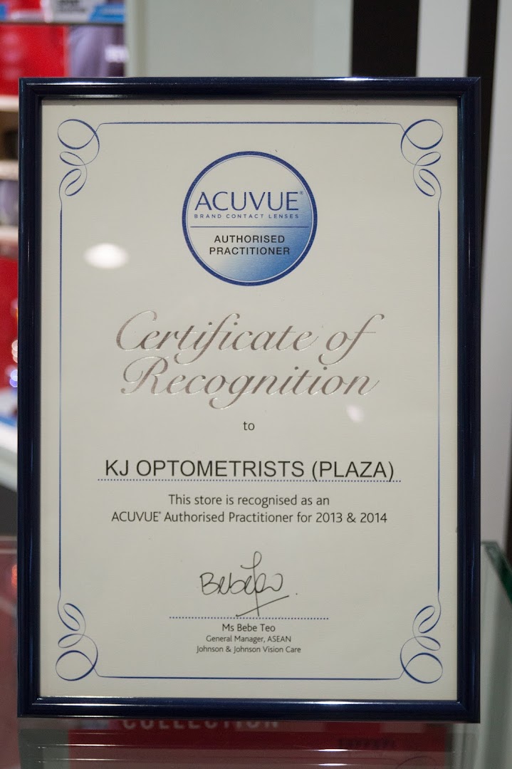 A framed certificate recognizing KJ Optometrists as an ACUVUE® Authorized Practitioner.