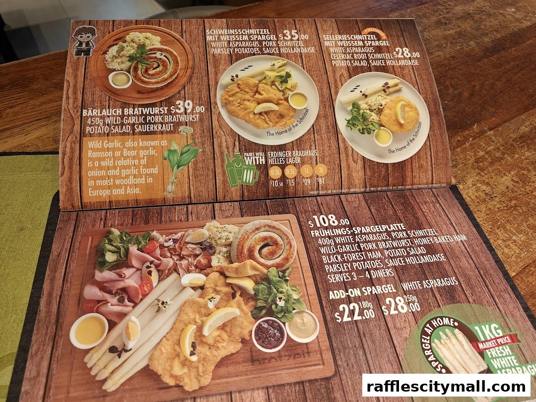 A menu featuring German dishes like schnitzel, bratwurst, and asparagus platters.