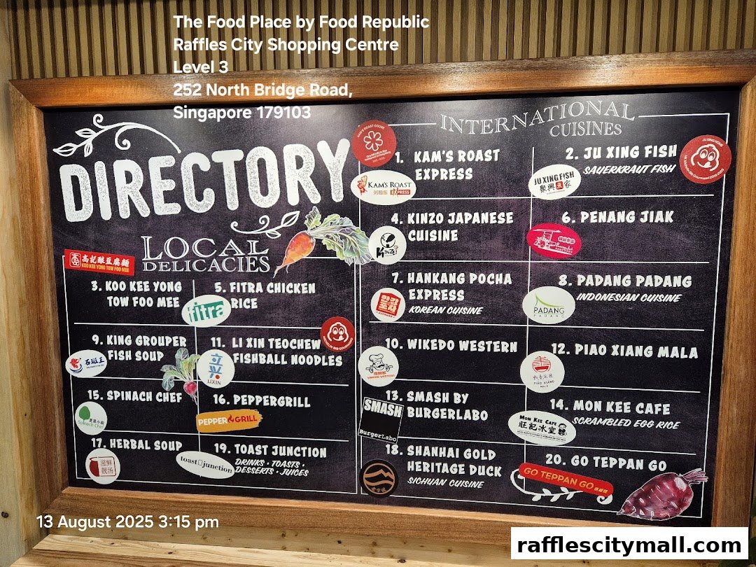 A directory board listing various local and international food stalls at The Food Place by Food Republic.