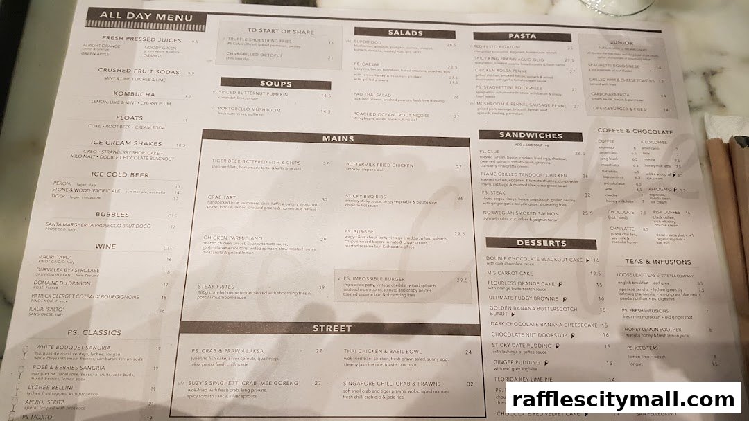 A menu from PS.Cafe Raffles City featuring a wide variety of dishes and drinks.