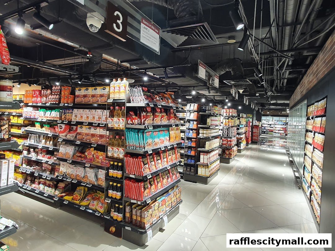 A well-stocked grocery store aisle with shelves full of packaged food items and beverages.