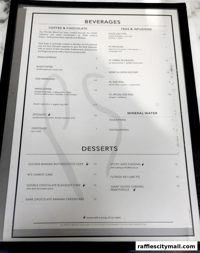 A menu from PS.Cafe Raffles City featuring beverages and desserts with prices.