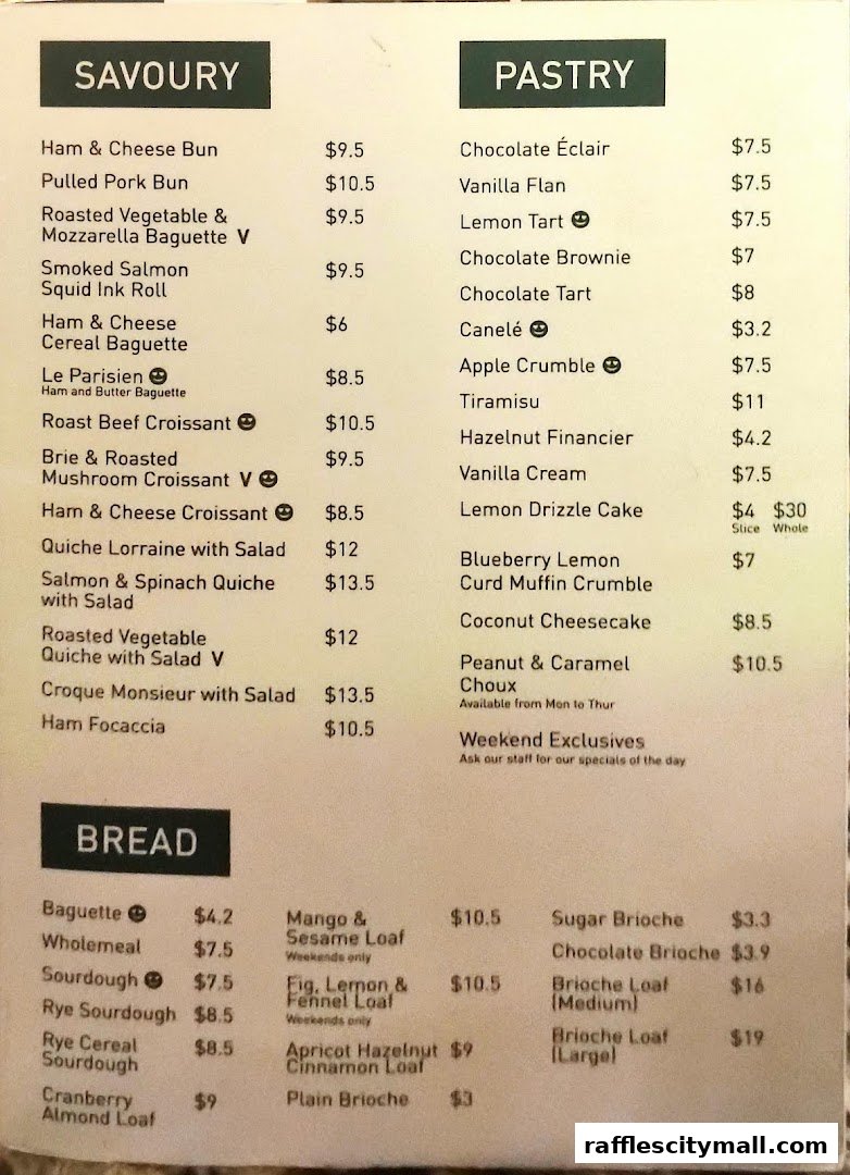 A menu from Tiong Bahru Bakery featuring Savoury, Pastry, and Bread items with prices.