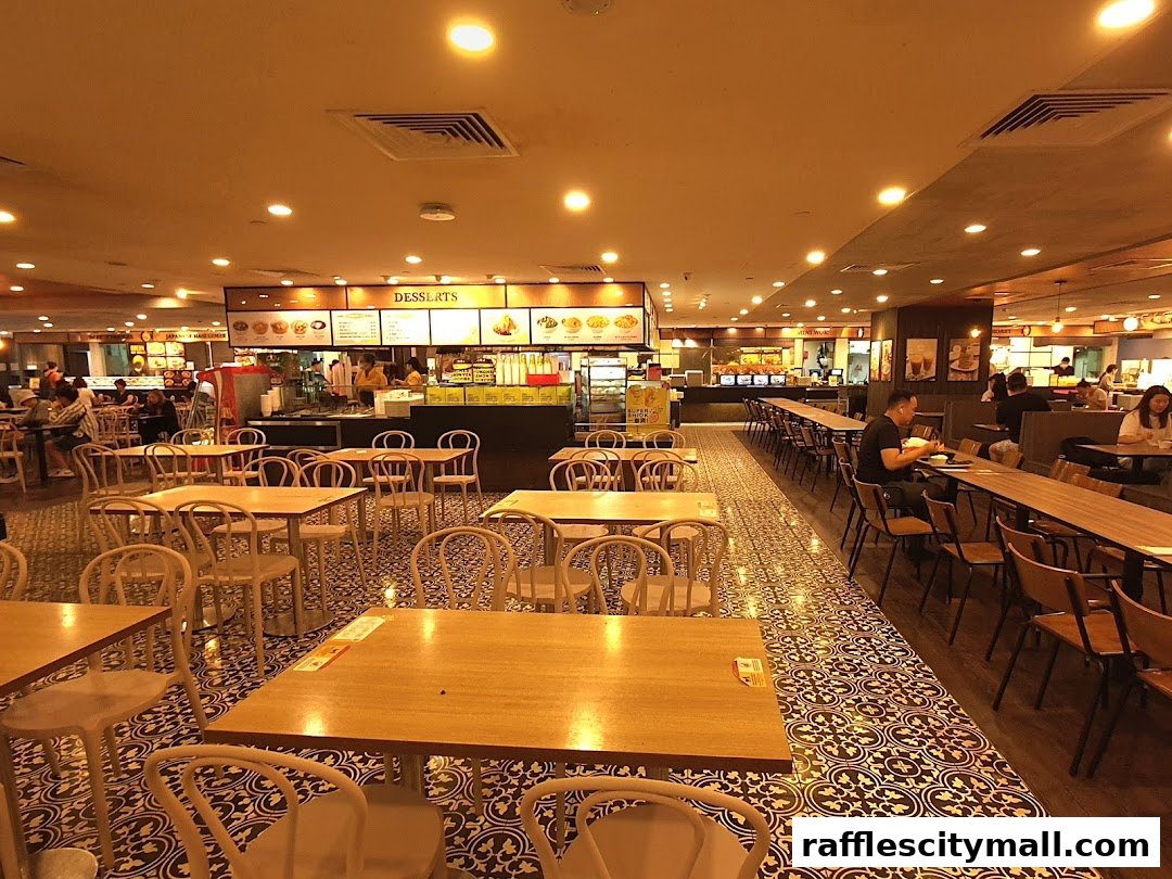 Interior view of a bustling food court with many tables and chairs, and food stalls in the background.
